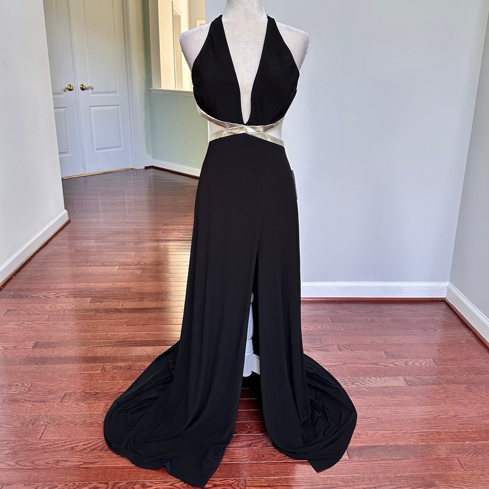 NWT Aidan Mattox Black Silver Trim Open Back Sexy Plunge Cutout Gown Dress
